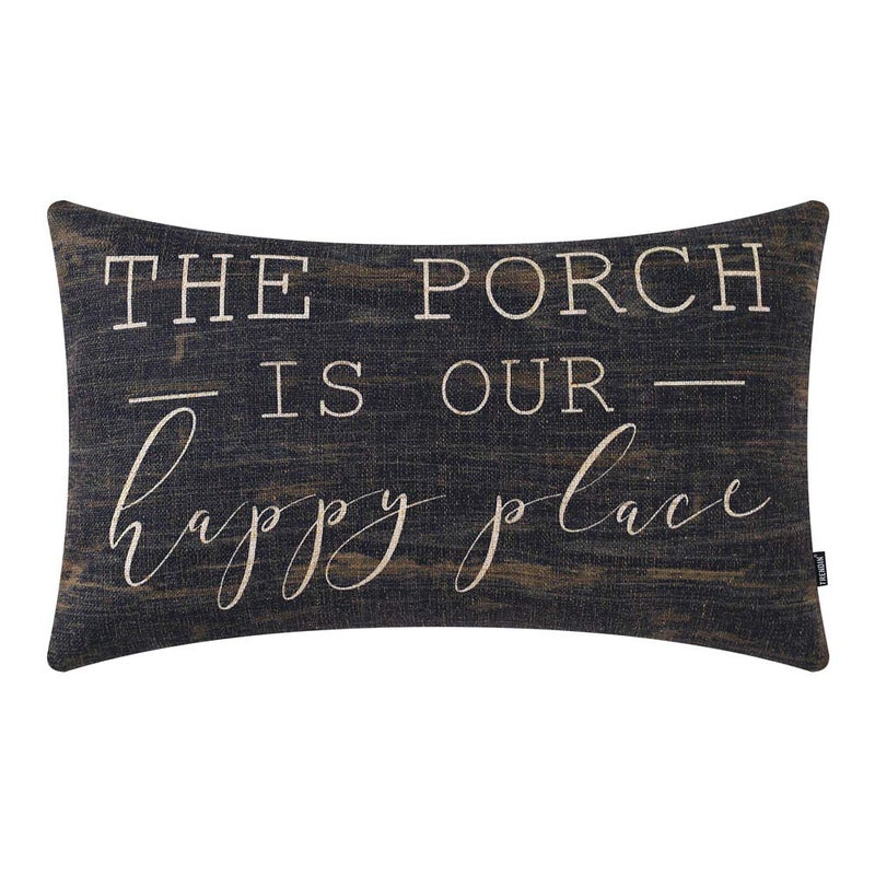 TRENDIN Farmhouse Porch Oblong Pillow Cover 20x12 inch Vintage Black Word The Porch is Our Happy Place Throw Pillow Cover for Couch Sofa PL565TR - Image 1
